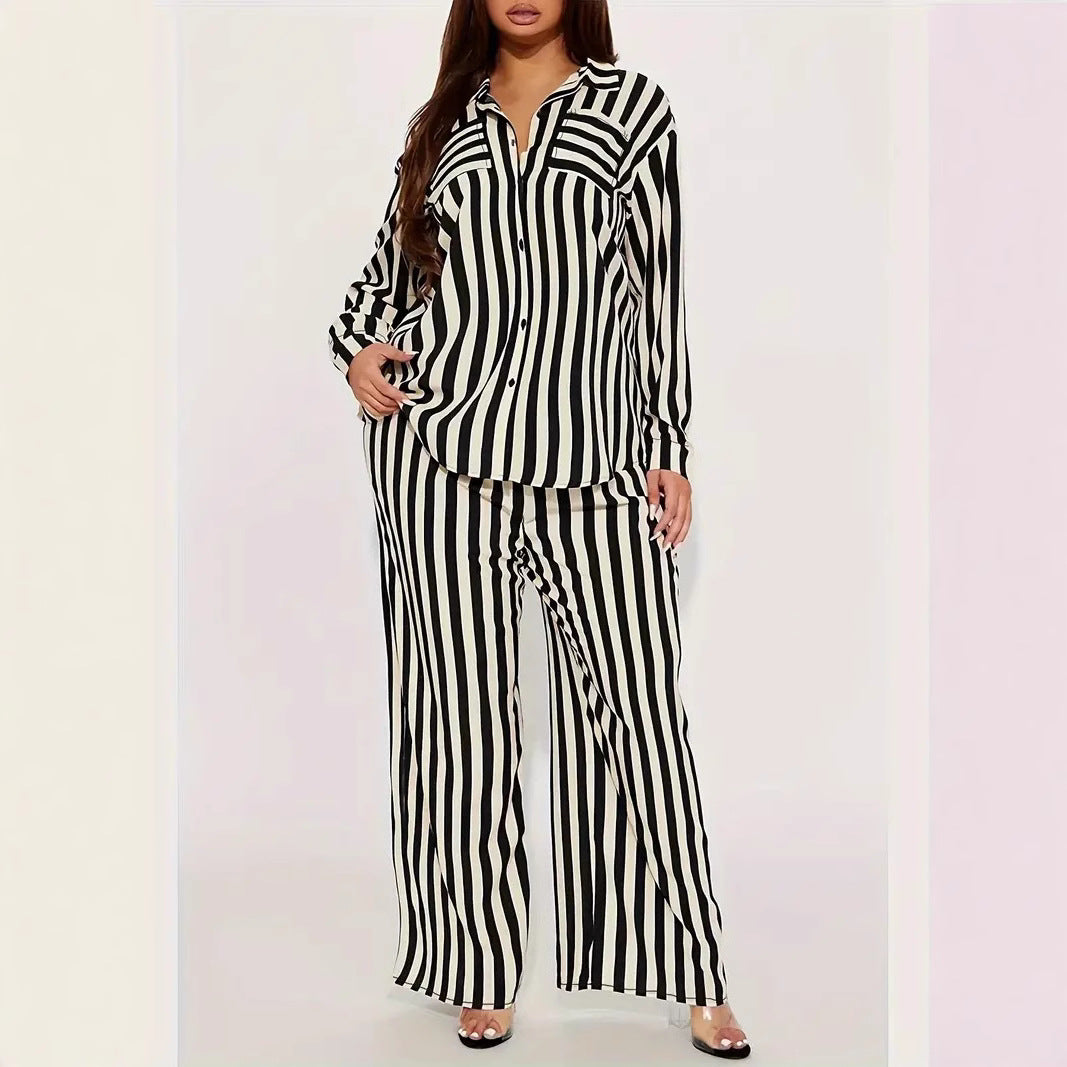 Women's Fashion Casual Long Sleeve Striped Shirt Pants Loose Two-piece Set 7