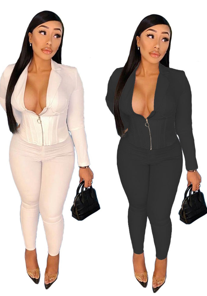 Women Sexy Solid Turndown Collar Top and Pant Two-Piece Set