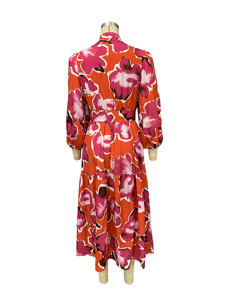 Autumn Women's Fashion Print Turndown Collar Long Sleeve Maxi Dress 8