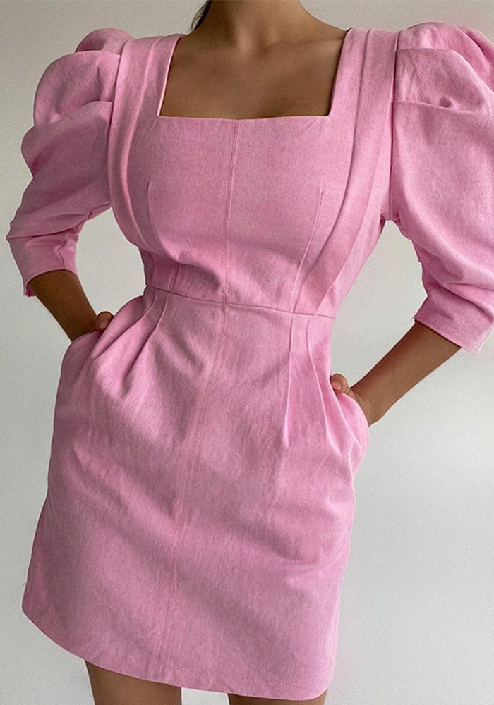Women Long Sleeve Square Neck Solid Dress