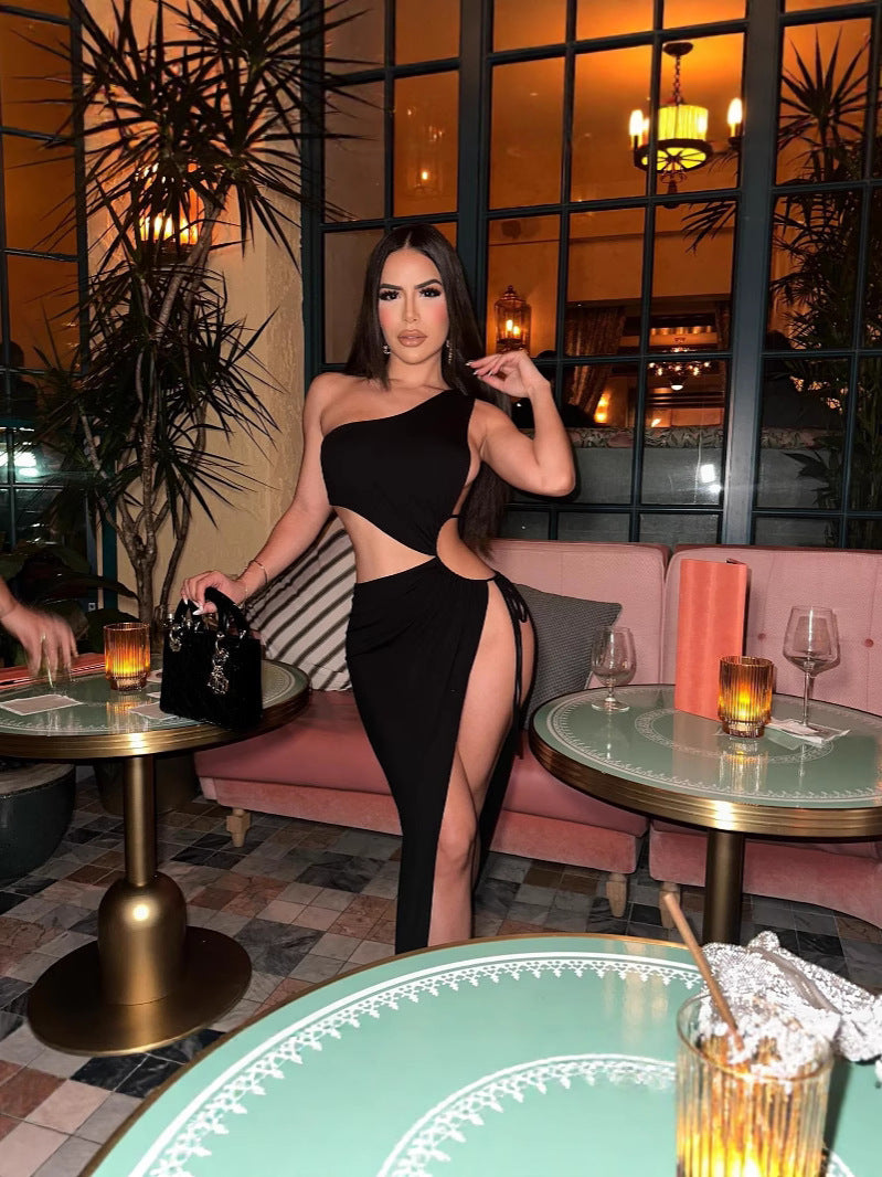 Summer Sexy Solid Color One-Shoulder Slit Long Dress 4