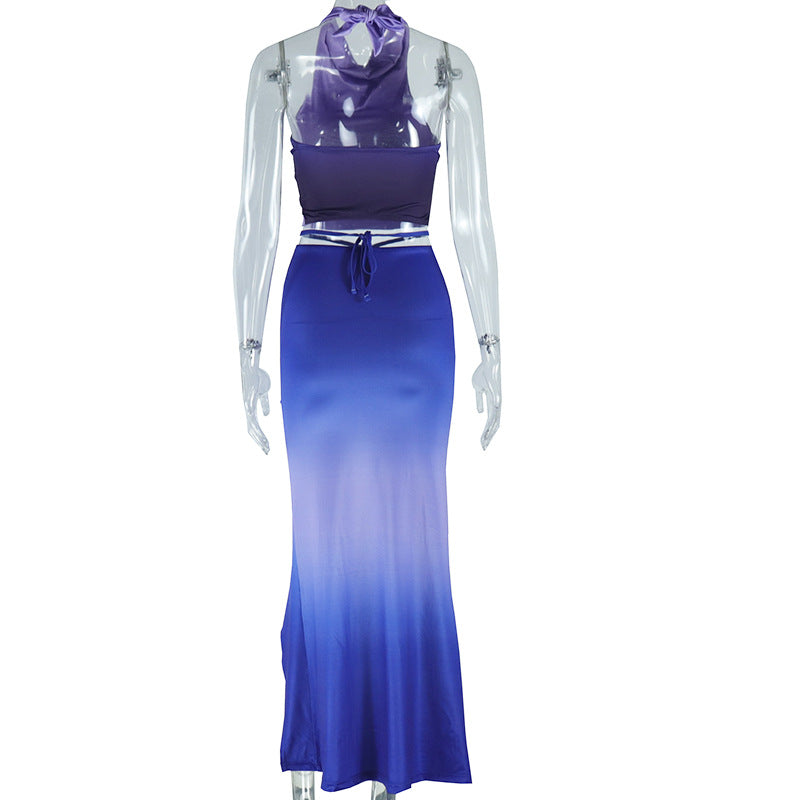 Women's Fashion Printed Sexy Sleeveless Low Back Vest Split Skirt Two-Piece Set 8