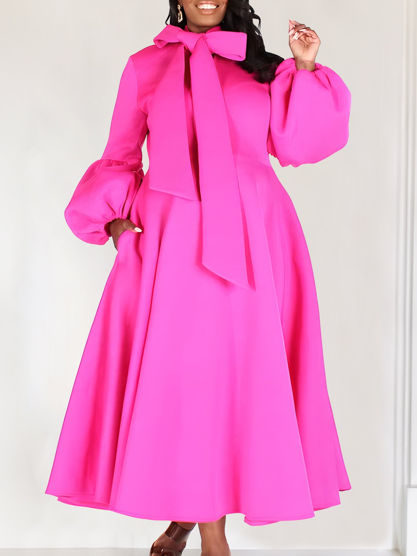 Women's Puff Sleeve Bow Tied High Waist A-Line Party Dress 10