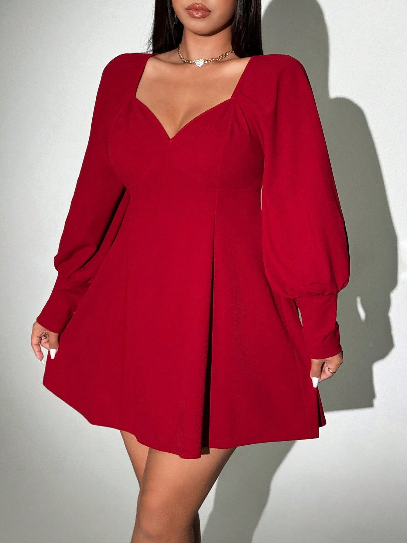 Autumn And Winter Plus Size Women's Luxury Elegant Burgundy High Waist V-Neck Short Dress 5