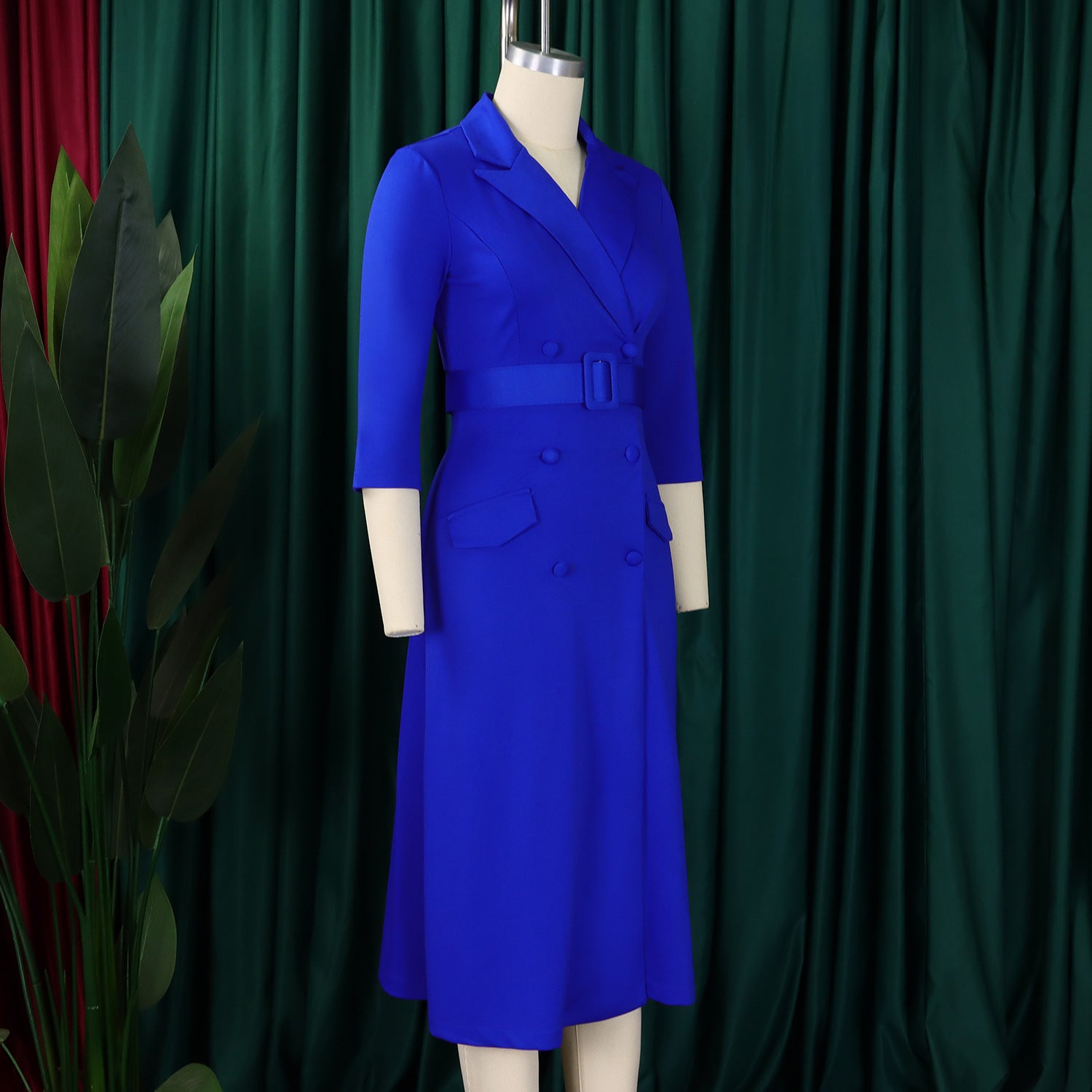 Women's Fashion Chic Double Breasted Turndown Collar Solid Color Career Dress 9