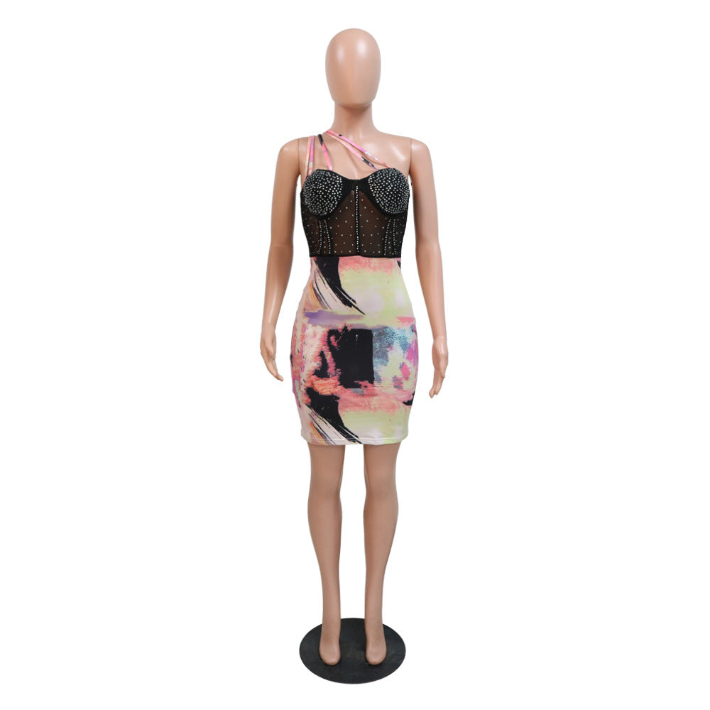 Fashion Beaded Strap Mesh Patchwork Dress 10