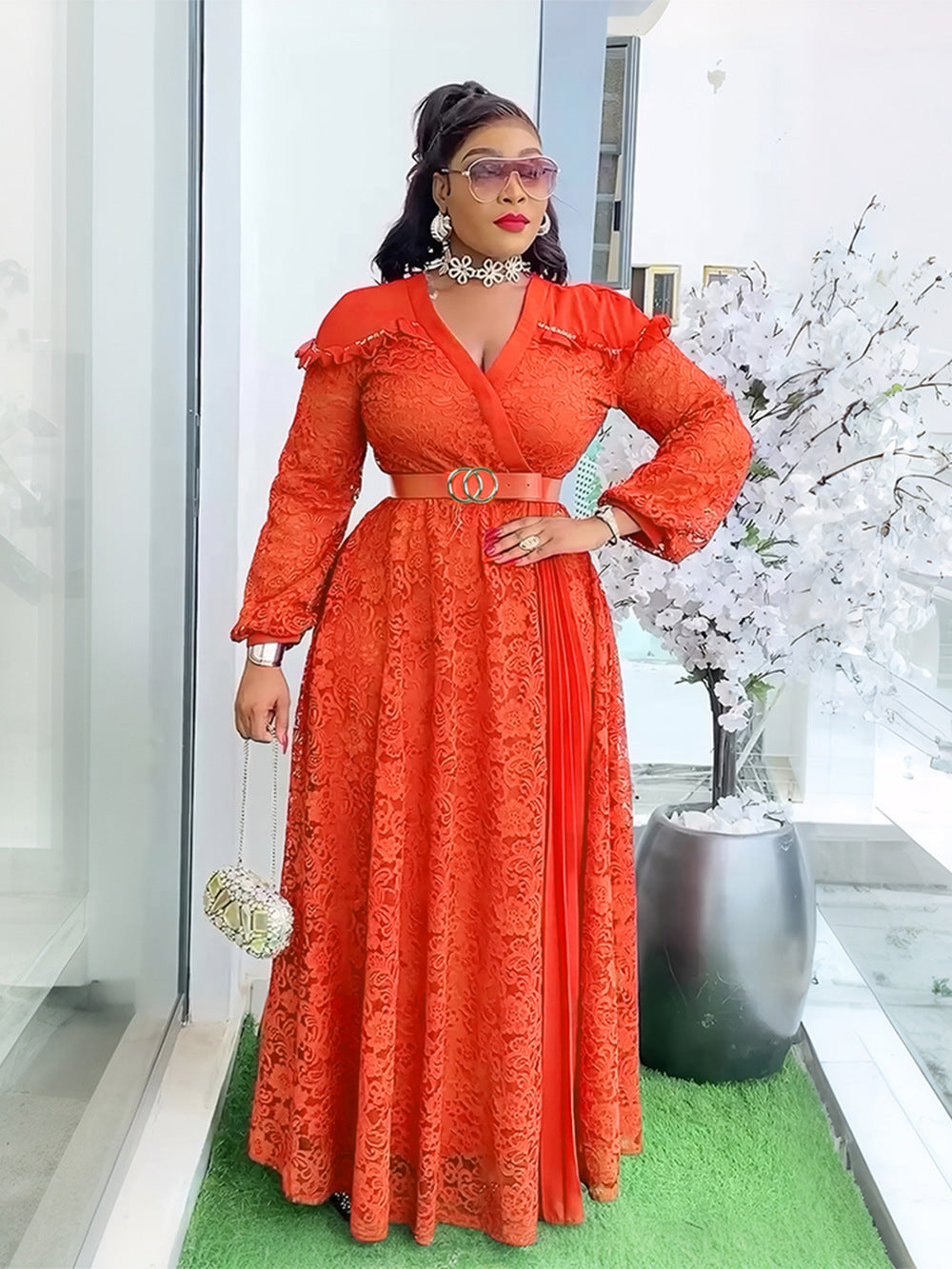 Plus Size Women Patchwork Lace Elegant Maxi Dress 5