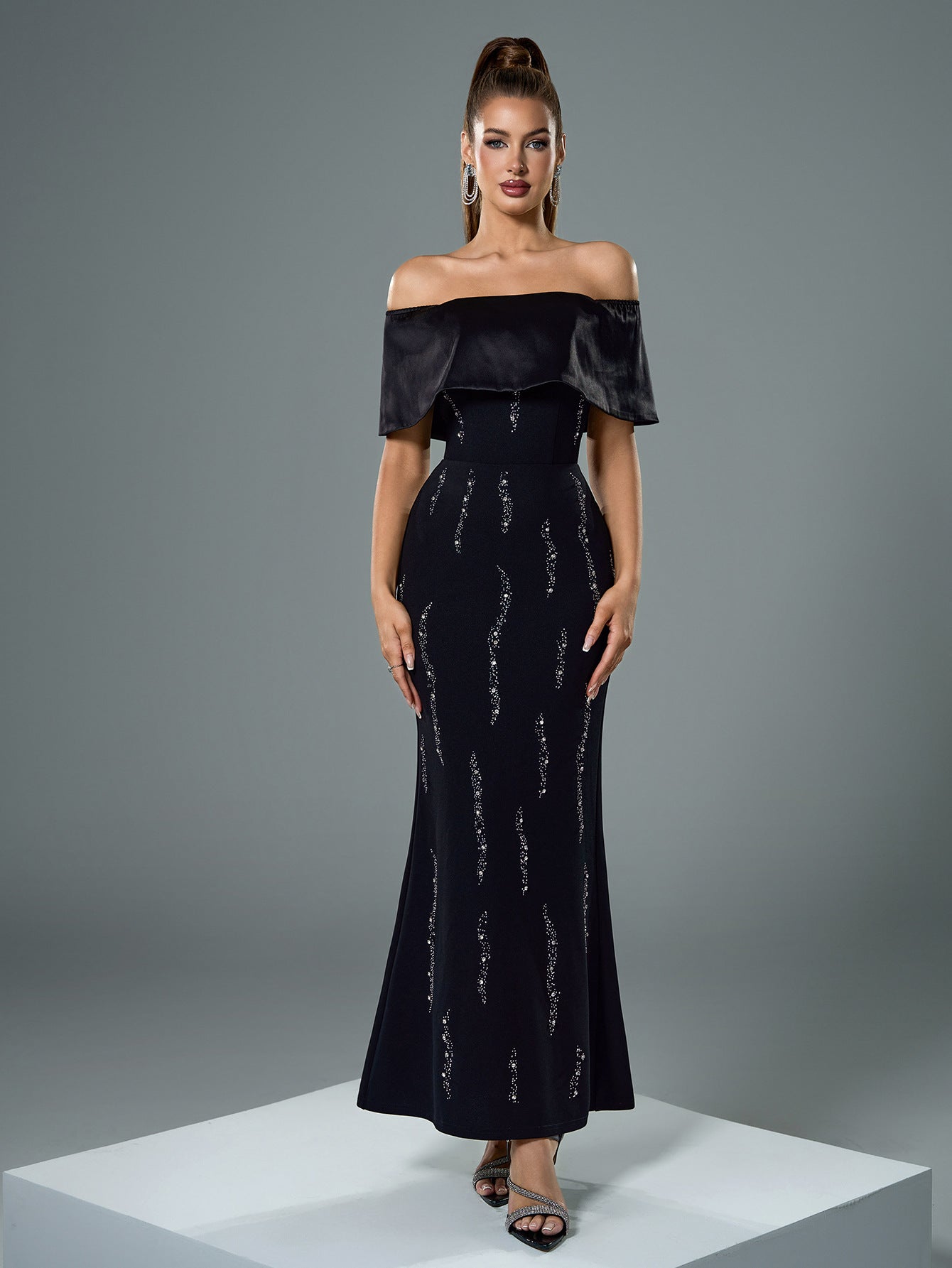 Women Off Shoulder Short Sleeve Beaded Black Bodycon Dinner Dress 4