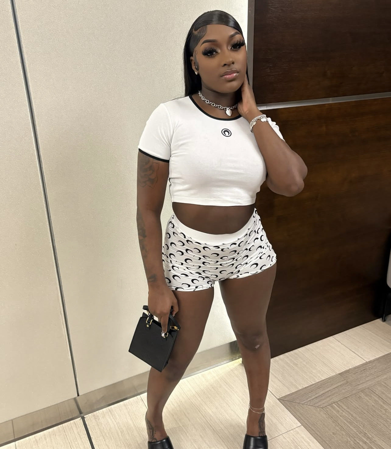 Women Trendy Moon Print Stretchy Sexy Basic Top and Shorts Two-piece Set