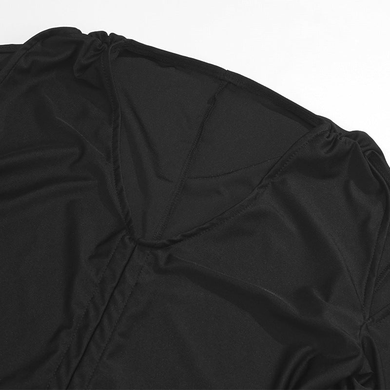 Autumn Solid Color V-Neck Halter Neck Slim Long Sleeve Sexy High Waist Dress 9