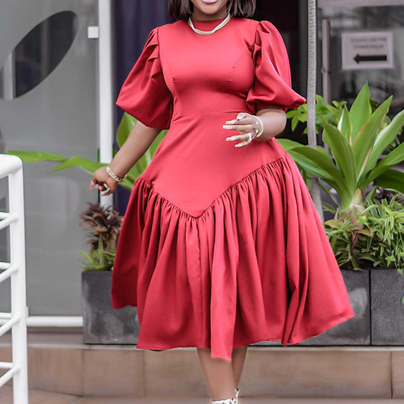 Women's Pleated African Plus Size Fashion Puff Sleeve Dress 10