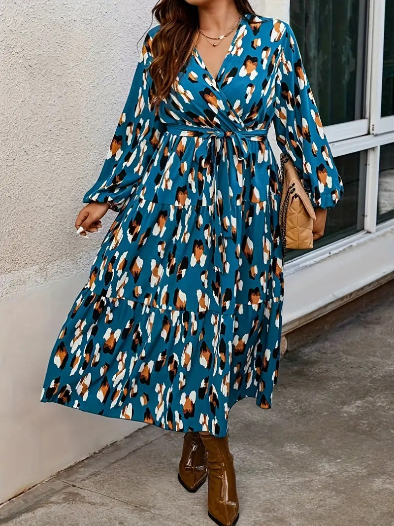 Plus Size Women floral v-neck long-sleeved dress