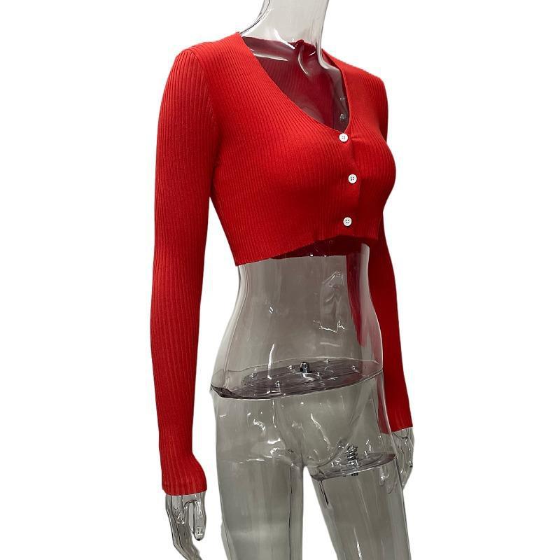 Solid Color Sexy Women's Cardigan Sweater Crop Long-Sleeved Knitting Shirt Tops For Women 11