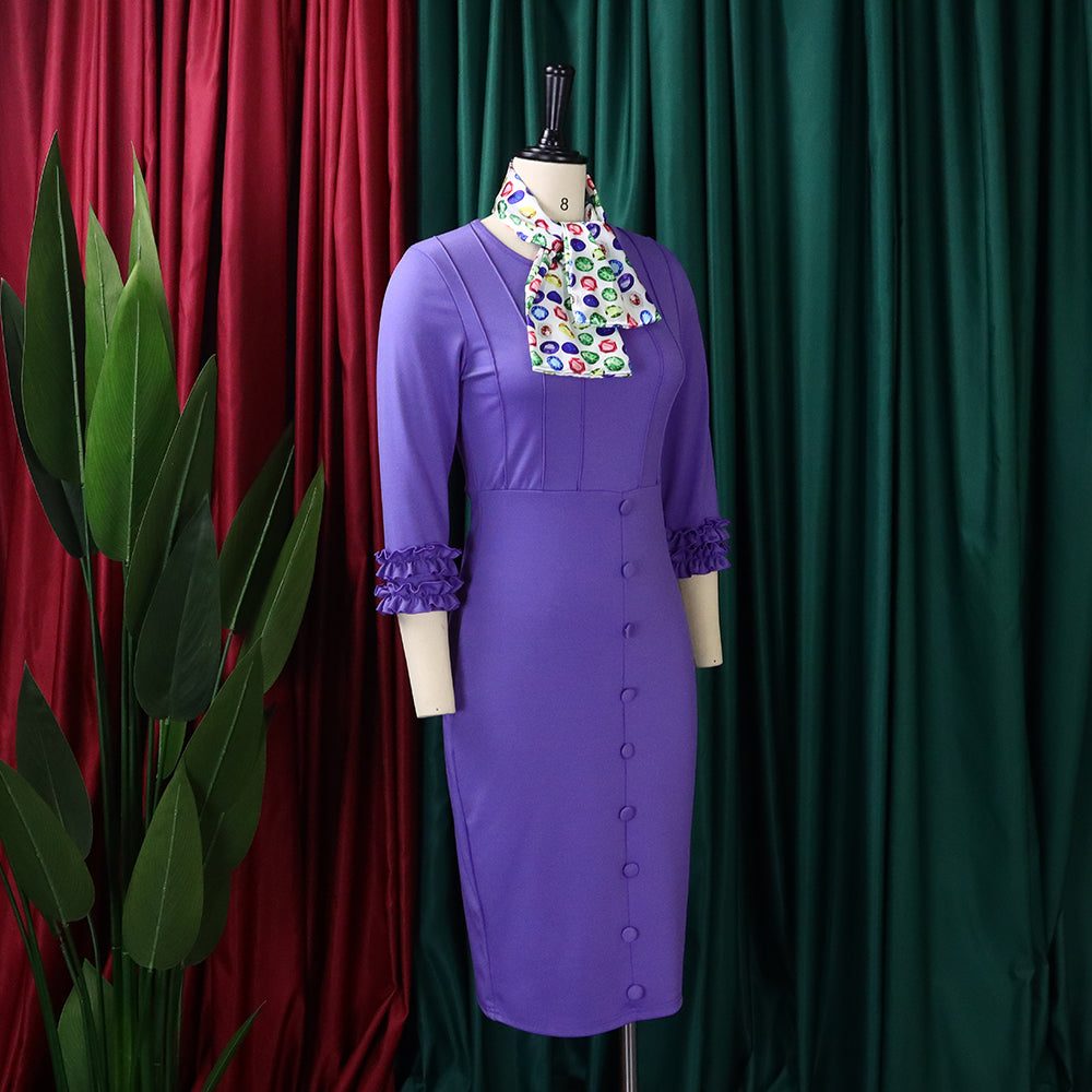 Women Fall Long Sleeve Solid Color Slit Scarf Bodycon Dress 8