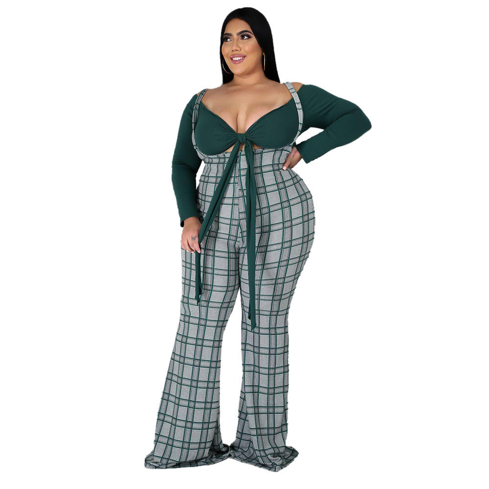 Plus Size Women Long Sleeve Top and Plaid Suspenders Set 6