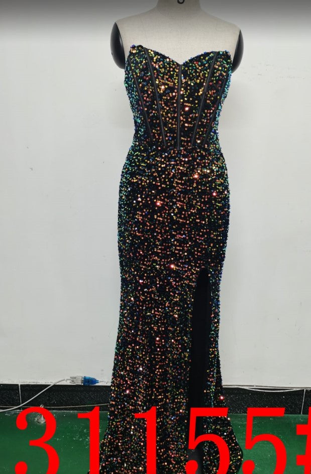 Sexy Sequins Side Slit Strapless Elegant Herringbone Evening Gown 18