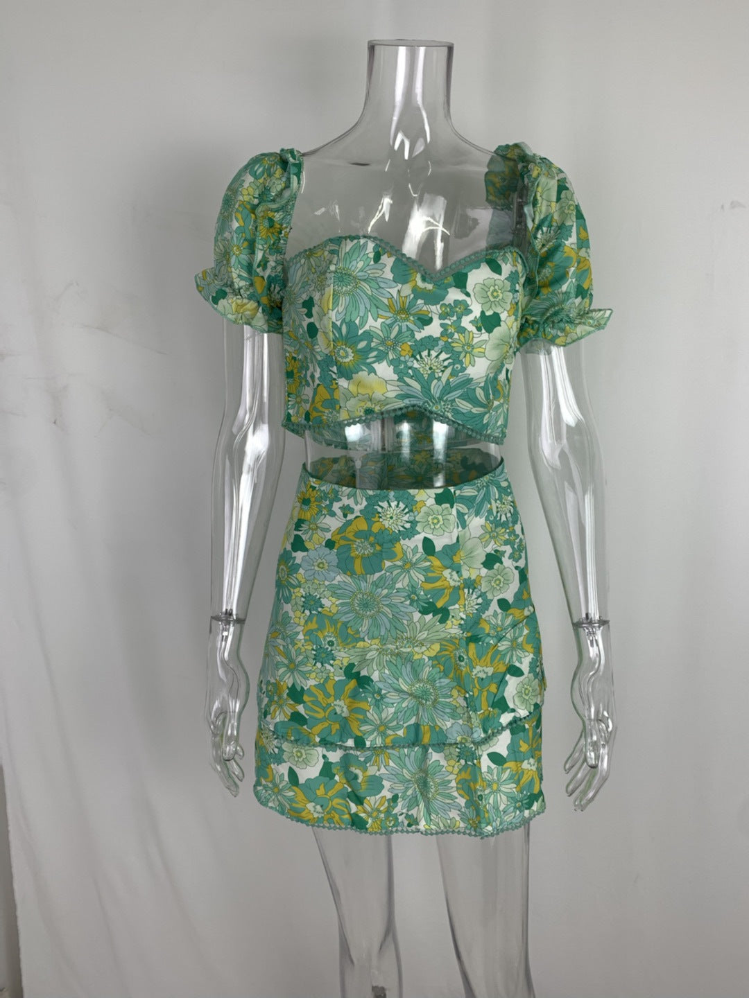 Women Sexy Printed Puff Sleeve Top and Skirt Casual Two-piece Set 7