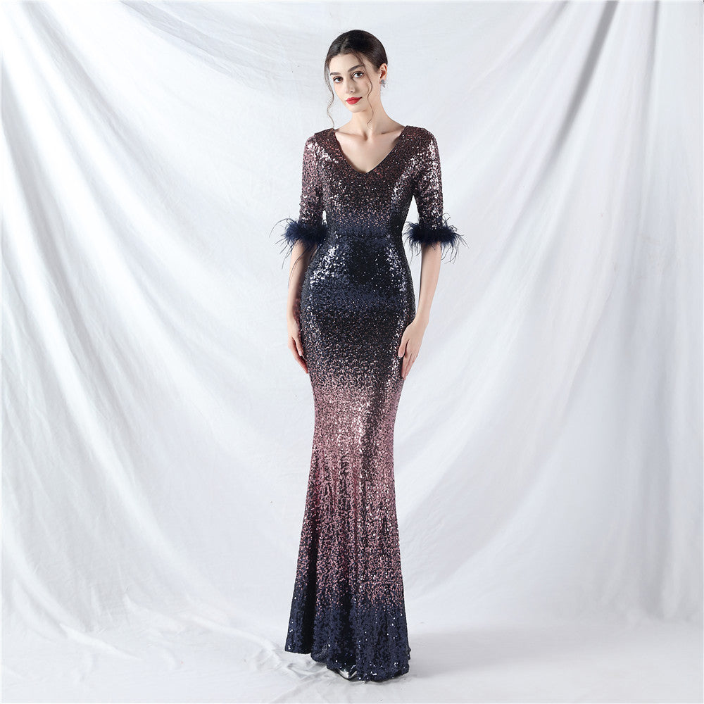 Elegant V-Neck Short Lseeve Sequins Mermaid Plus Size Formal Party Evening Dress 9
