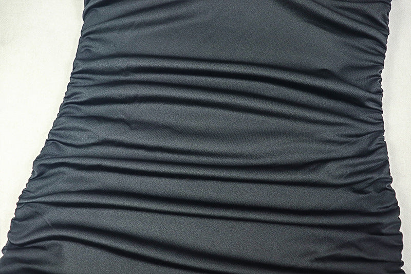 Women Solid Patchwork Sleeveless Turtleneck Pleated Bodycon Dress 13