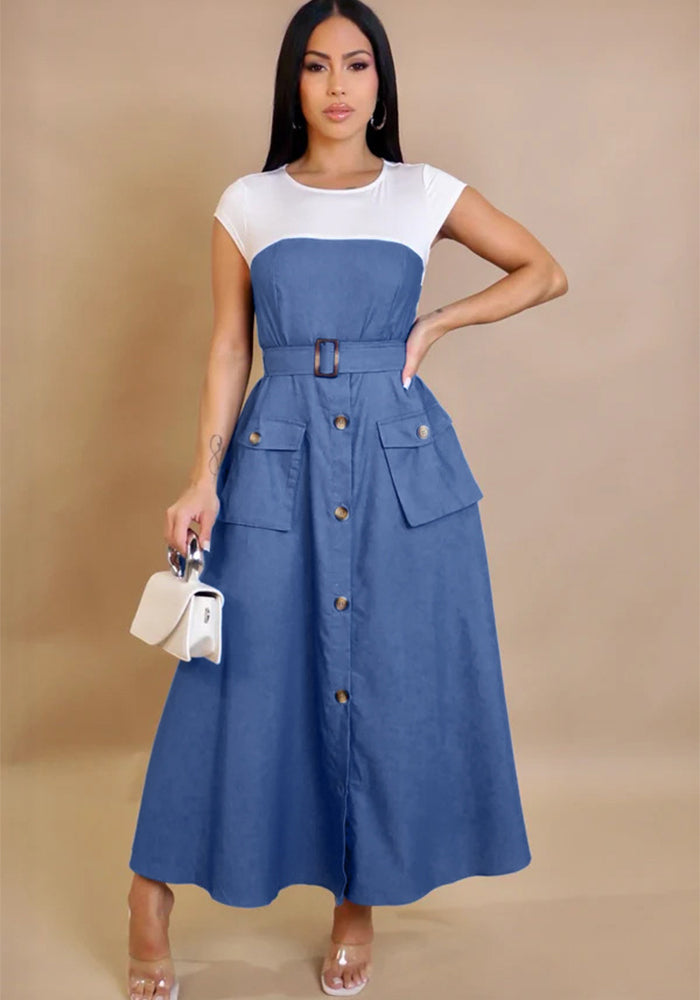 Elegant Career Denim Patchwork Contrast Color Pocket A-Line Dress
