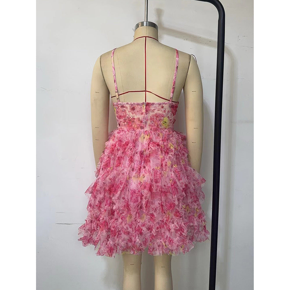 Floral Chiffon Dress Formal Party Slim Strap Short Evening Dress 7