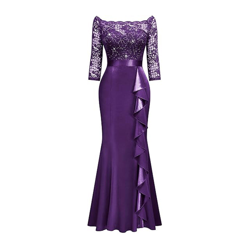 Women Elegant Floral Lace Pleated Slit Maxi Dress 16