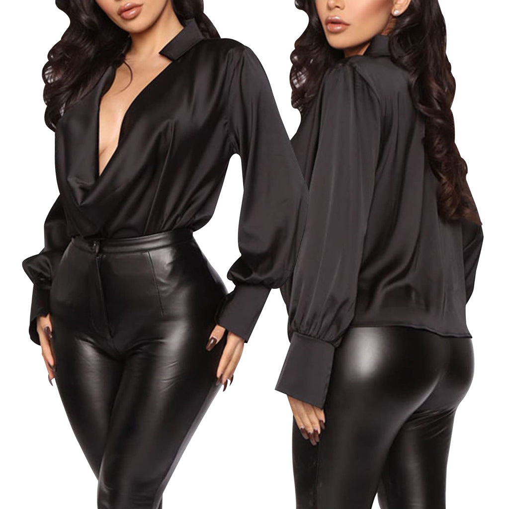 Sexy Fashion Solid Color Stretch Ladies Satin Blouse 12