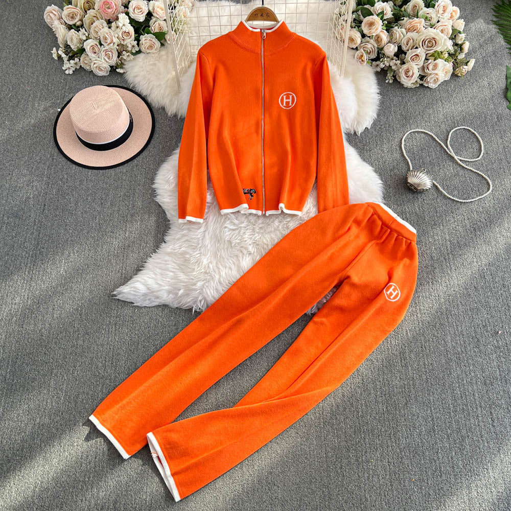 Women Autumn and Winter Zipper Embroidery Long Sleeve Knitting Top and Long Pants Two-piece Set 9