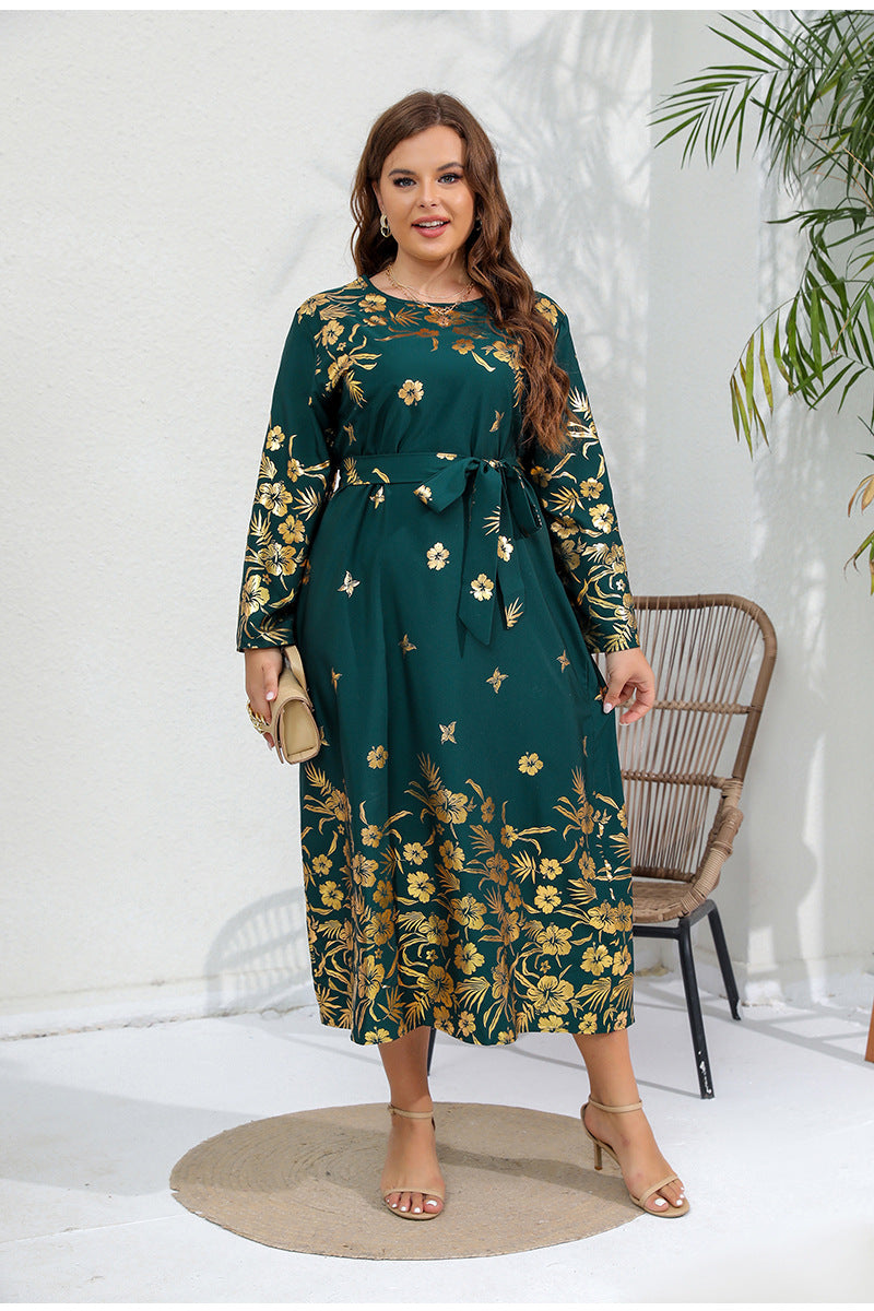 Plus Size Women Ethnic Loose Shiny Printed Long Sleeve Maxi Dress 3