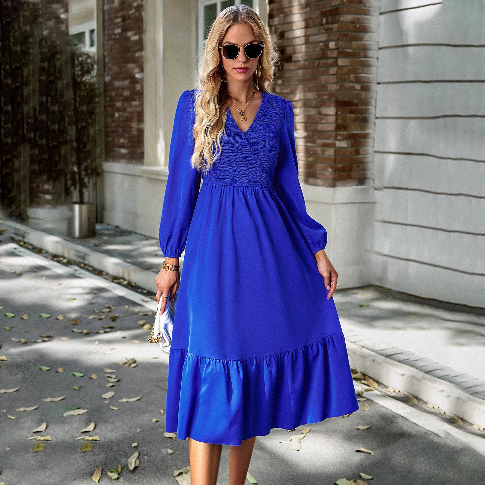 Women's Autumn And Winter V-Neck Solid Color Dress