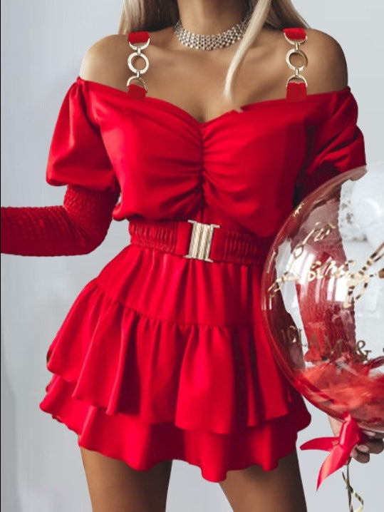 Solid Color Off Shoulder Puff Sleeve A-Line Dress 7