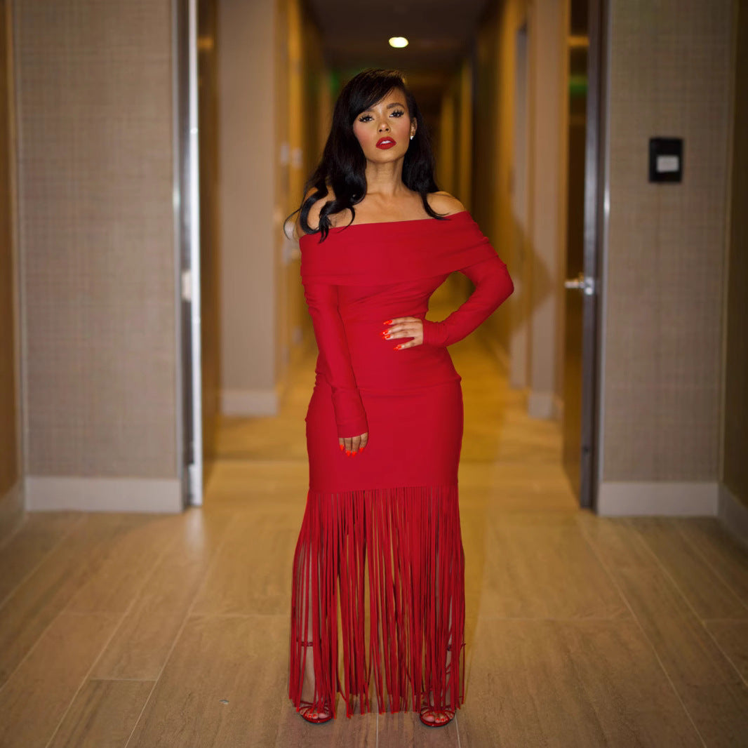 Women sexy off shoulder tassel bodycon long sleeve off-shoulder evening dress