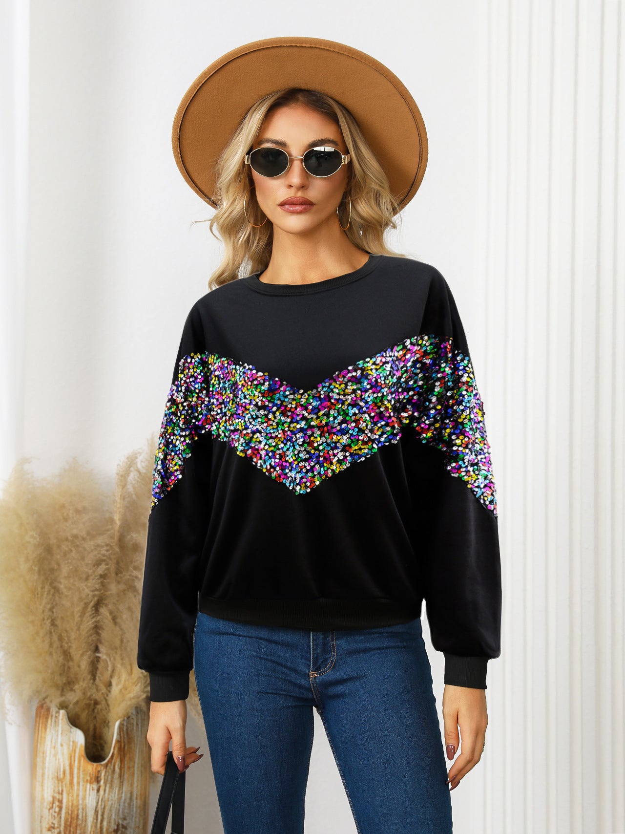 Women Colorful Pearlescent Sequins Decorated Solid Top 3