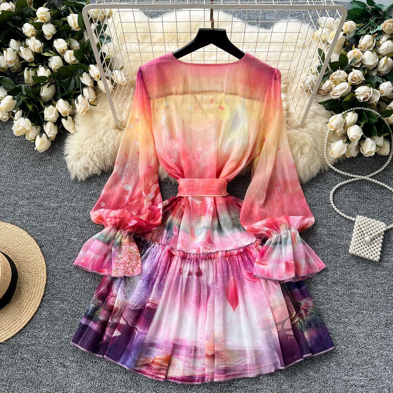 Bell Sleeve Dress Women's Bell Sleeve Floral Slim WaistBelt V-Neck Ruffle Mini Dress 6