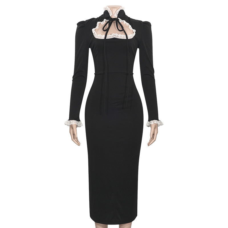 Spring Solid Color High Neck Lace Patchwork Long Sleeve Slim Dress 9
