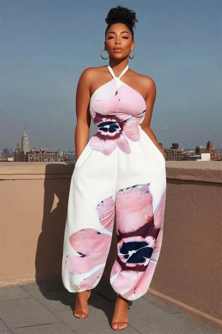 Print Halter Neck Slim Wasit Wide Leg Jumpsuit 3