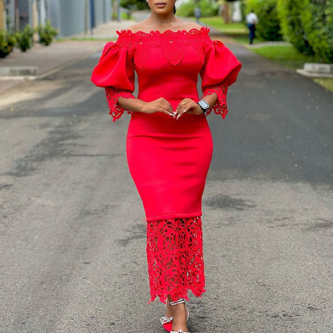 Off Shoulder Off Shoulder Bodycon Lace Patchwork Balloon Sleeve Gown Dress 8