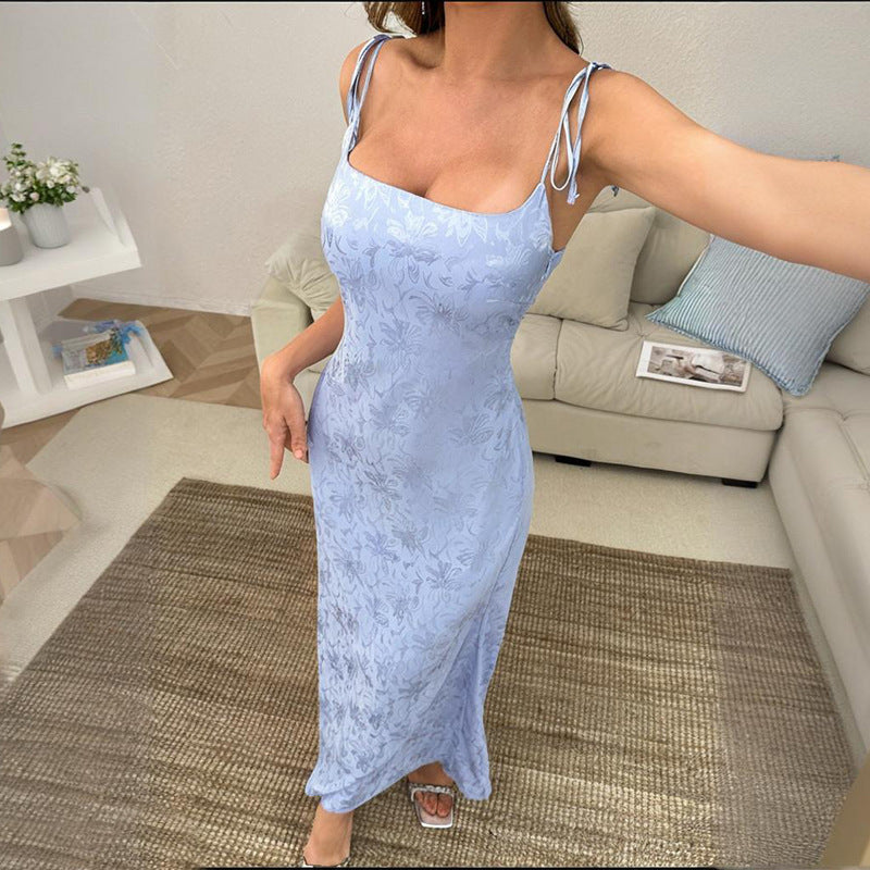 Women Summer Beach Holidays Backless Lace-Up with Jacquard Straps Slip Dress 5