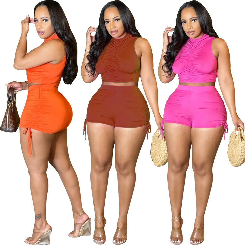 Women clothes drawstring two-piece summer vest shorts set