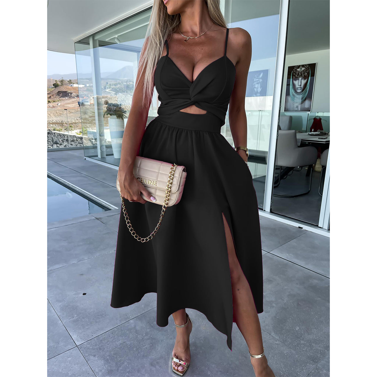 Women Summer V Neck Hollow Slit Suspender Dress 9