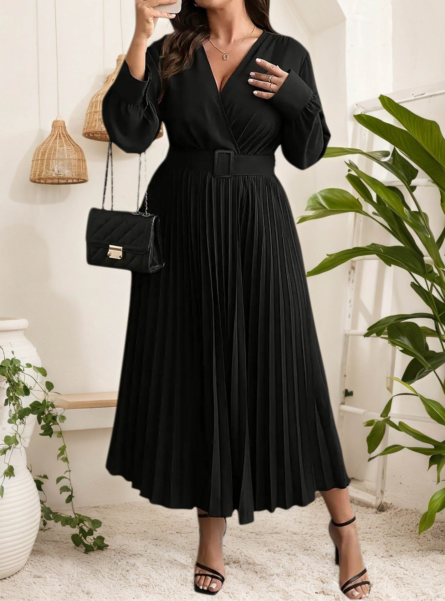 Women's Autumn Winter V-Neck Flare Plus Size Fashion Casual Belt Slim Waist Pleated Dress 5