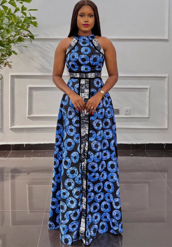 Printed Slim Waist Slit A-line Dress