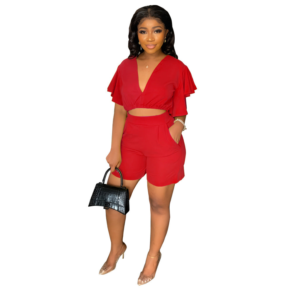 Women Summer Ruffle Short V-Neck Top+ Casual Shorts Two-Piece Set 11