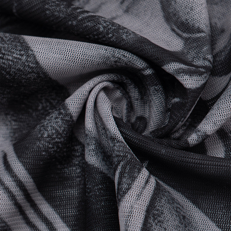 Women's Summer Autumn Zipper Round Neck See-Through Print Long Sleeve Two Piece Shorts Set 28