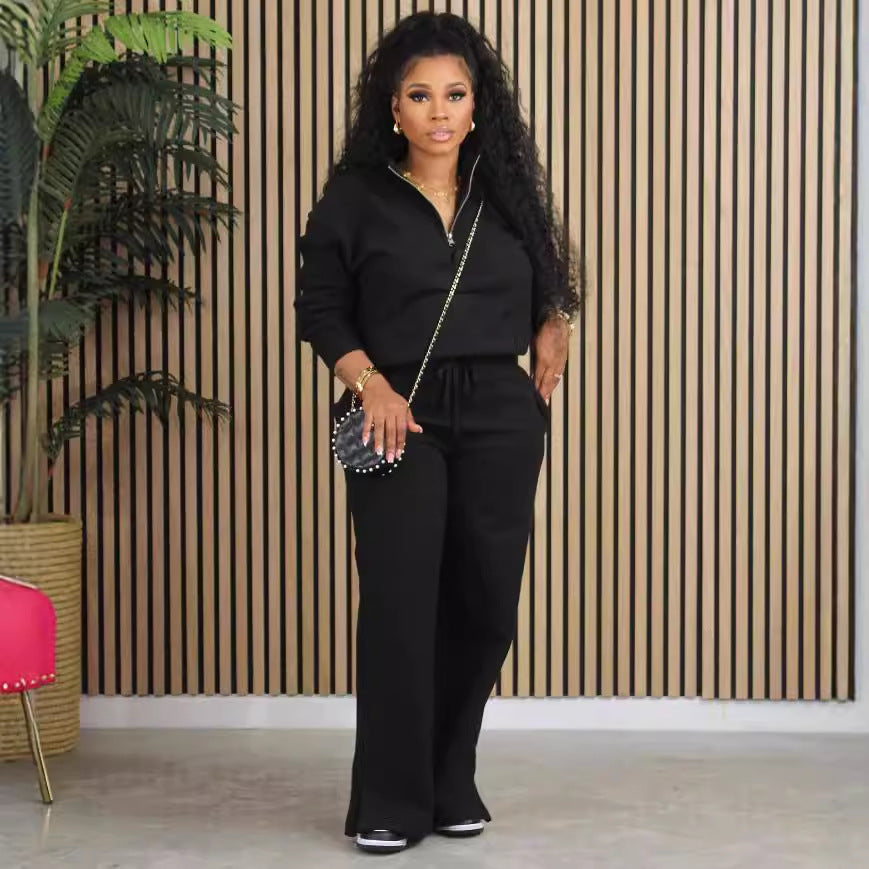 Women's Autumn winter Solid color loose zipper top drawstring pants sports two-piece set 7