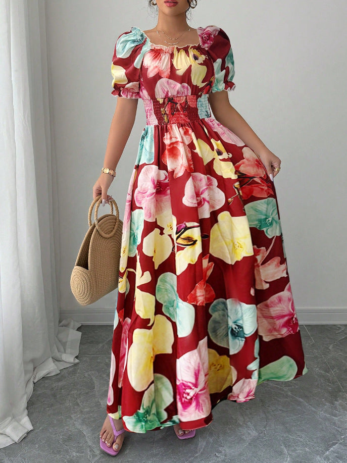 Women Summer Puff-Sleeve Printed Strap Dress 10