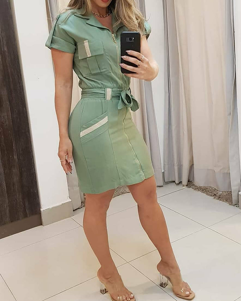 Women Green Lace-up Zipper Shirt Dress 3