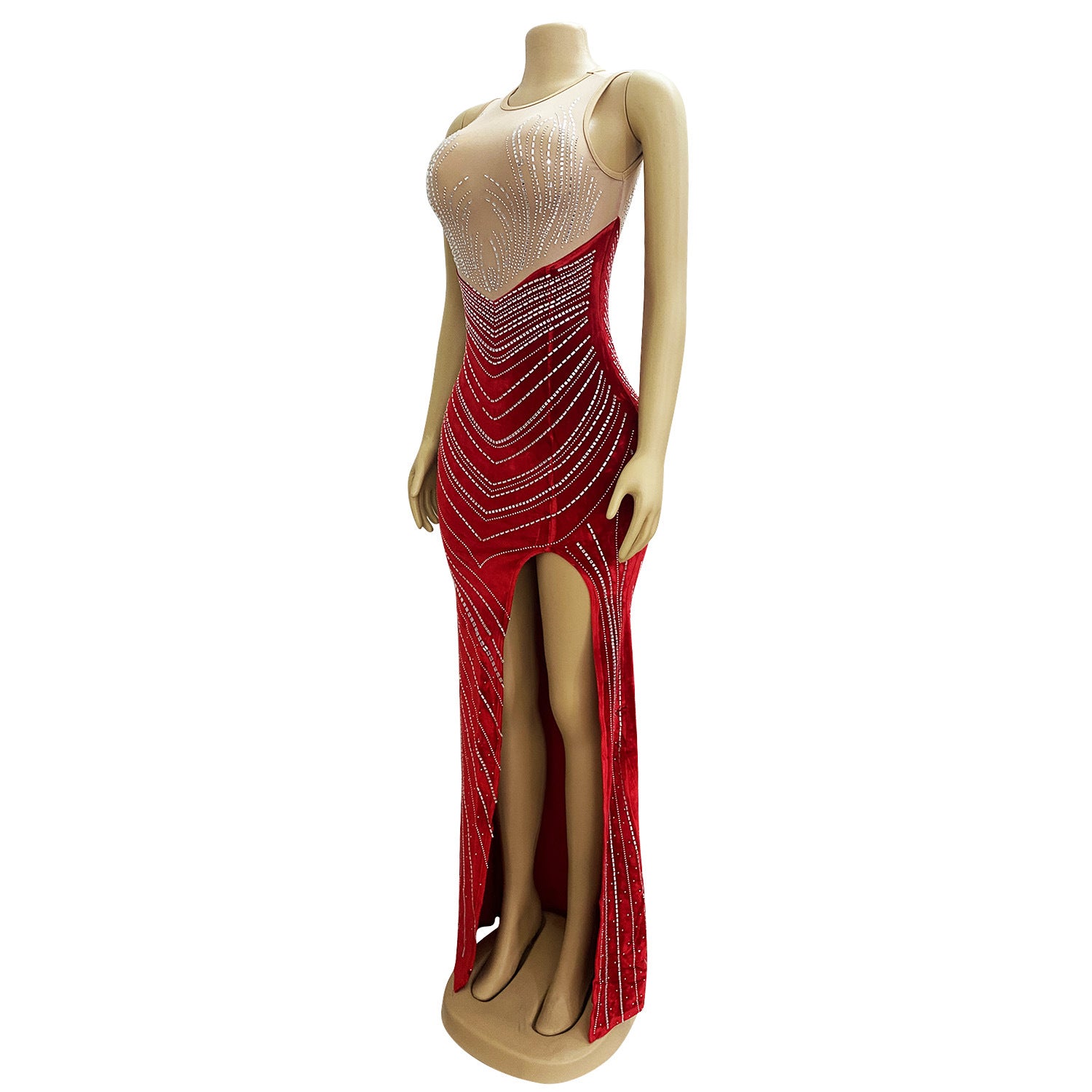 Spring Velvet Patchwork Mesh Beaded Sleeveless Nightclub Long Dress 20