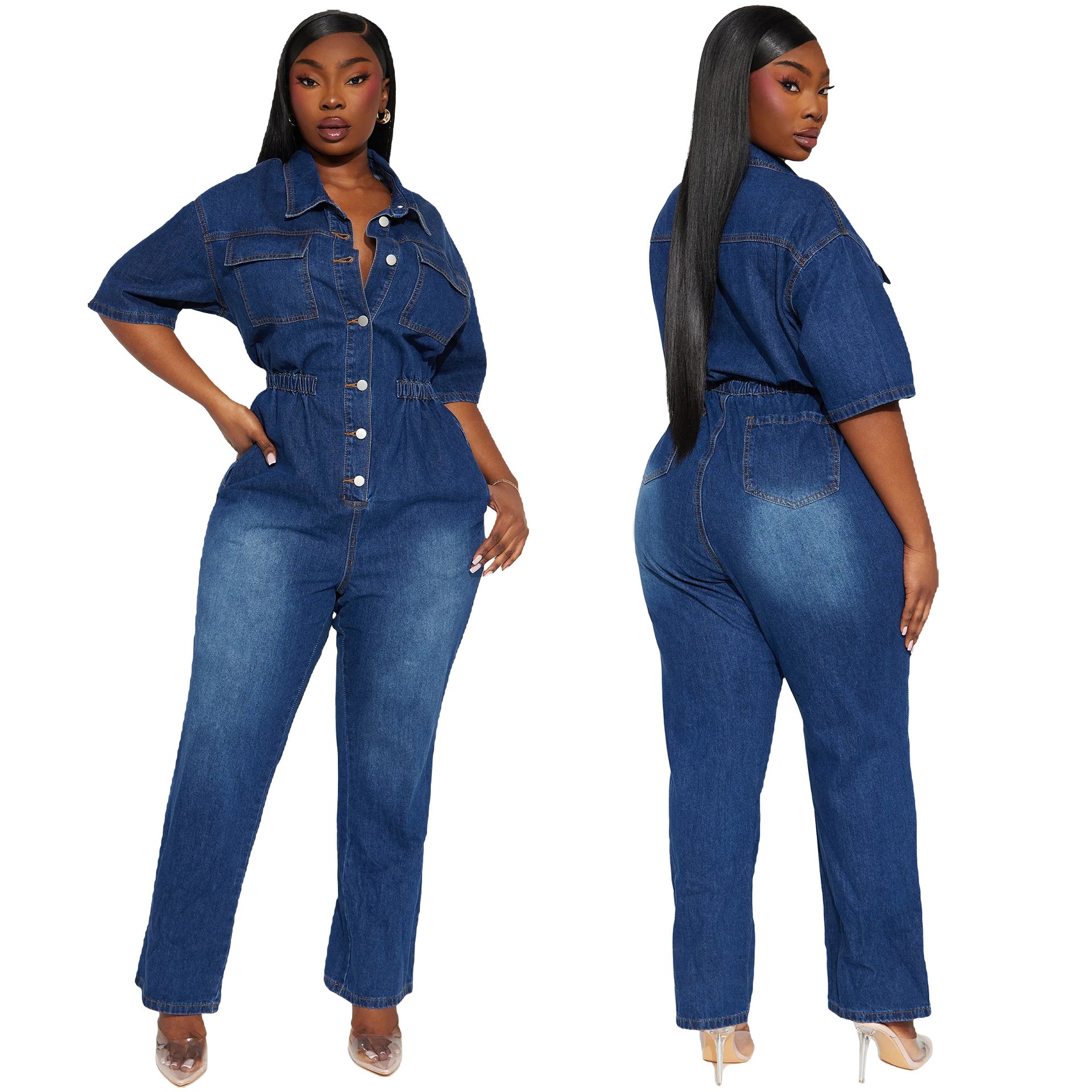 Casual Short Sleeve Button Elastic Denim Jumpsuit