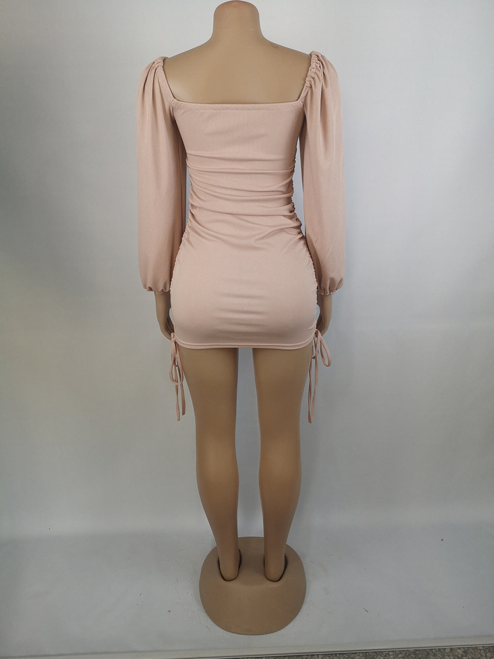 Women Sexy Drawstring Pleated Bodycon Long Sleeve Dress 34